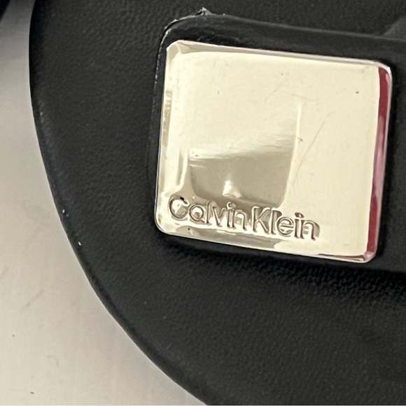 Calvin Klein Saurin Black Asymmetrical Open Toe CK Logo Plate Sandal 7.5 - Picture 9 of 12